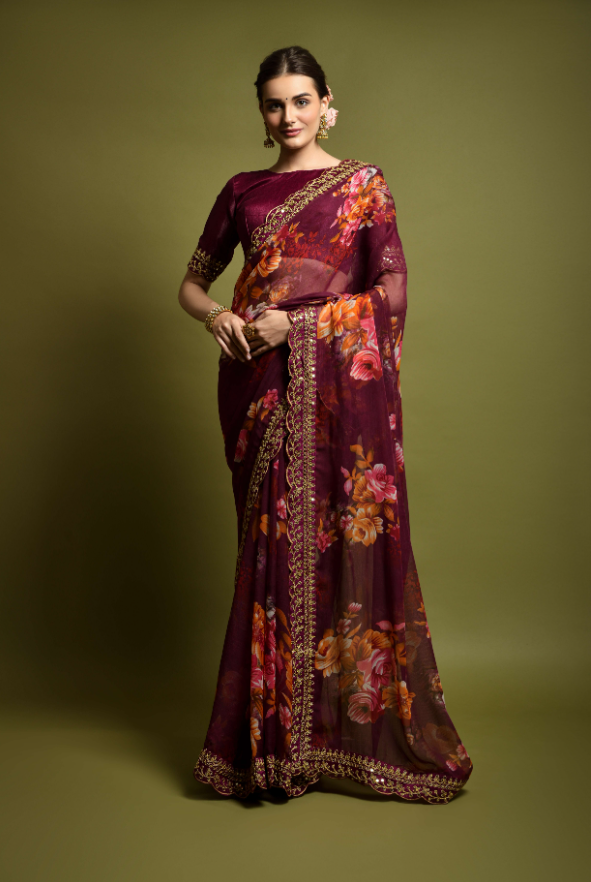 Women's Wine Designer Saree Collection - Dwija Fashion