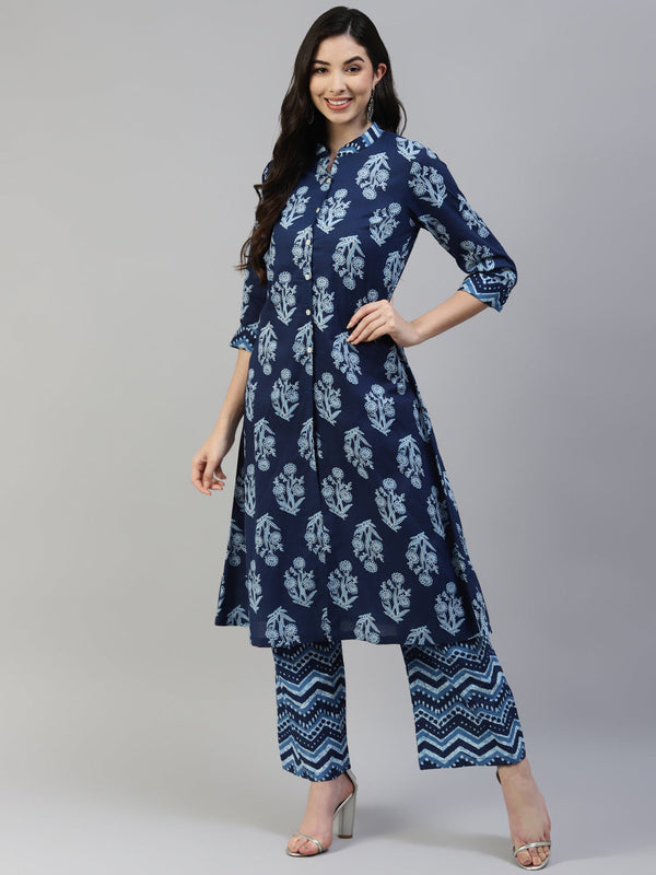 Women's Blue Cotton Printed Straight Kurta With Palazzo - Noz2Toz