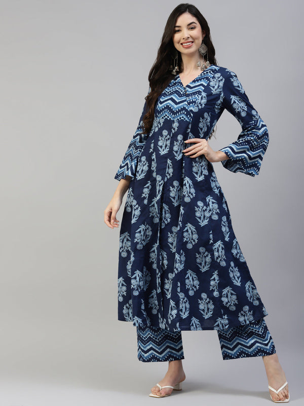 Women's Blue Cotton Printed Anarkali Kurta With Palazzo - Noz2Toz