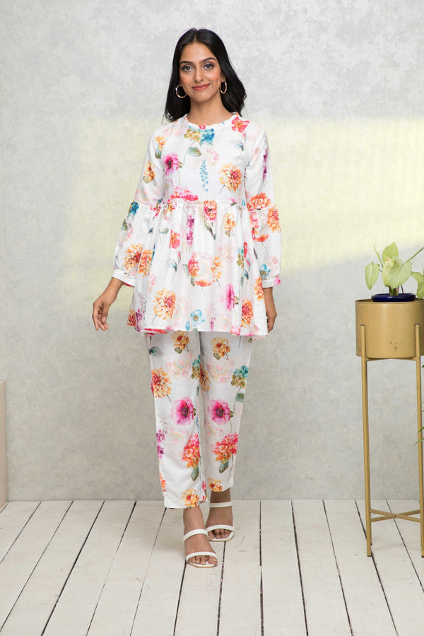 Women's White Printed Romantic Florals Co-Ords - Myshka