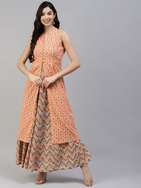 Women's Peach Printed High Slit Pure Cotton Sleeveless Kurta With Skirt - Noz2Toz