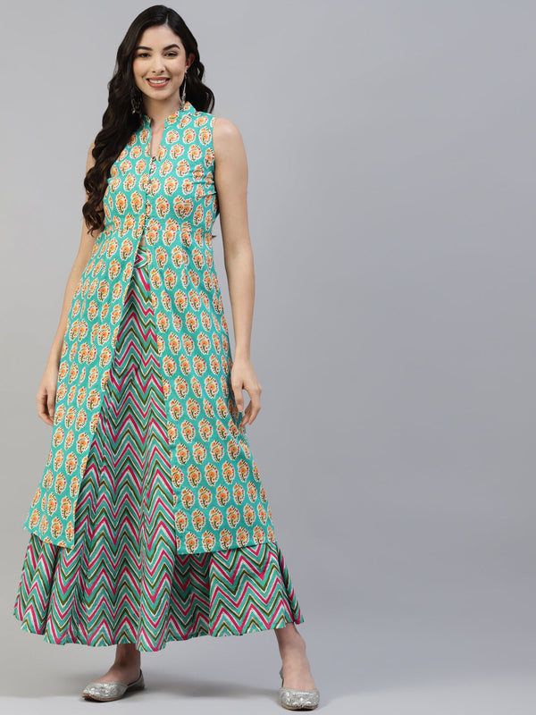 Women's Torquiose Printed High Slit Pure Cotton Sleeveless Kurta With Skirt - Noz2Toz