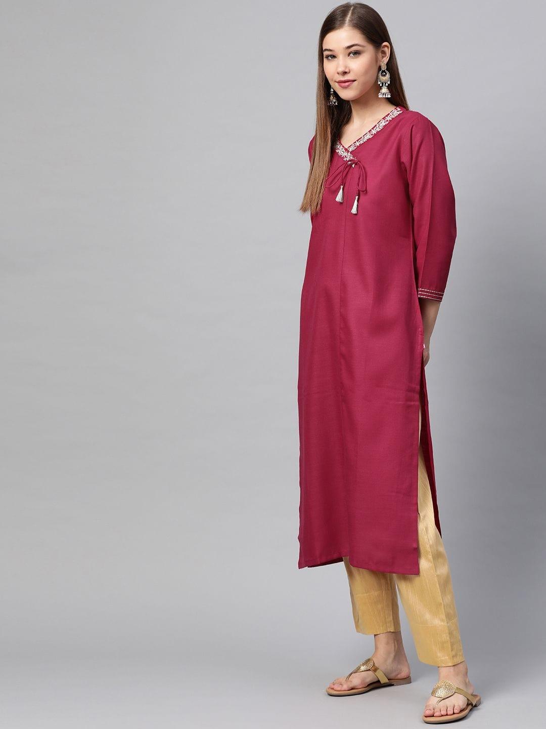 Women Magenta Embroidered Straight Kurta - Indiakreations