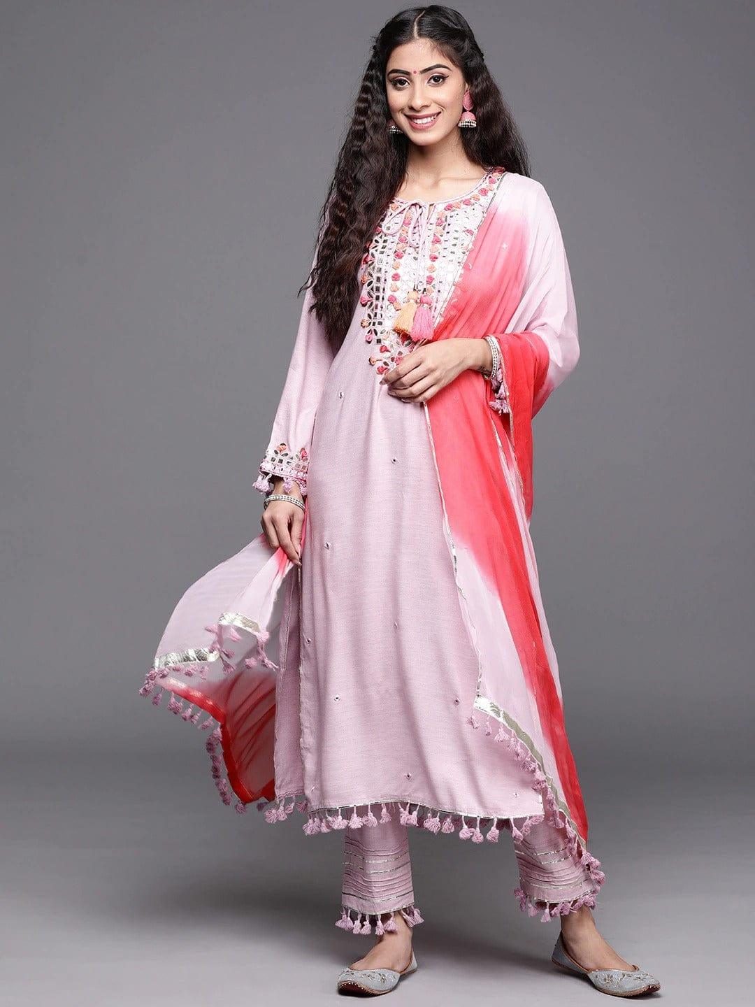 KSUT Women Mauve Embroidered Empire Thread Work Kurta with Trousers With Dupatta - Indiakreations