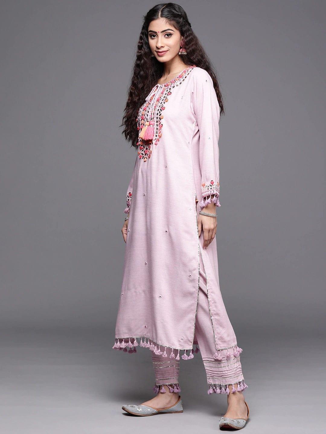 KSUT Women Mauve Embroidered Empire Thread Work Kurta with Trousers With Dupatta - Indiakreations