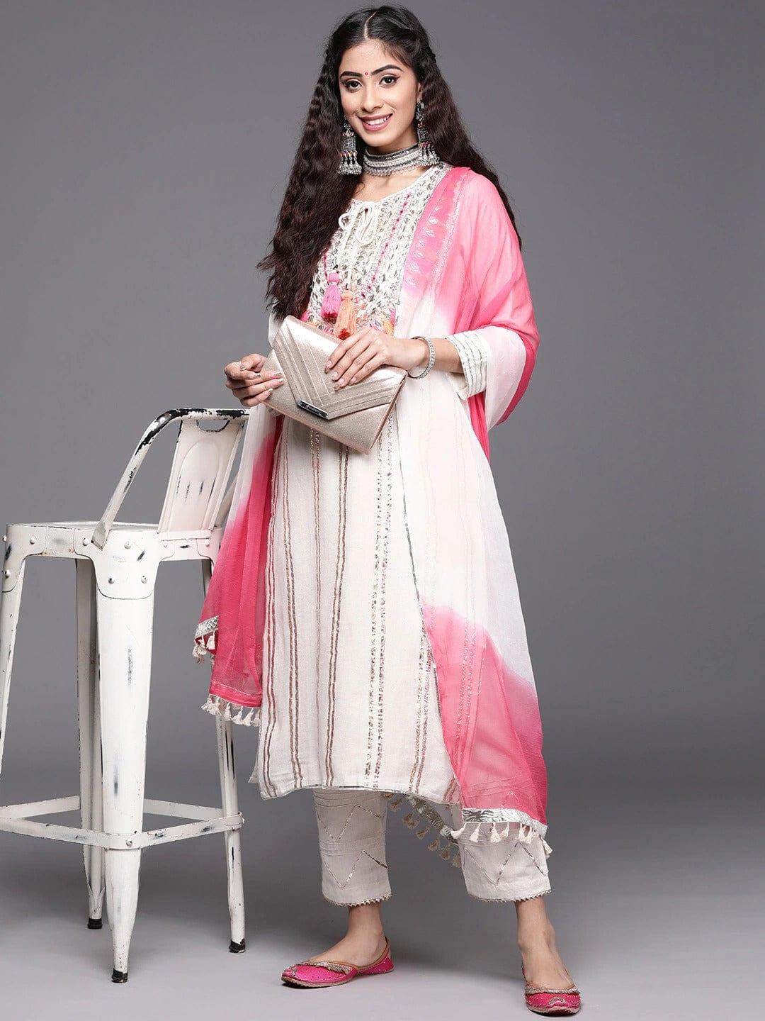 KSUT Women Off White Embroidered Empire Gotta Patti Kurta with Palazzos With Dupatta - Indiakreations