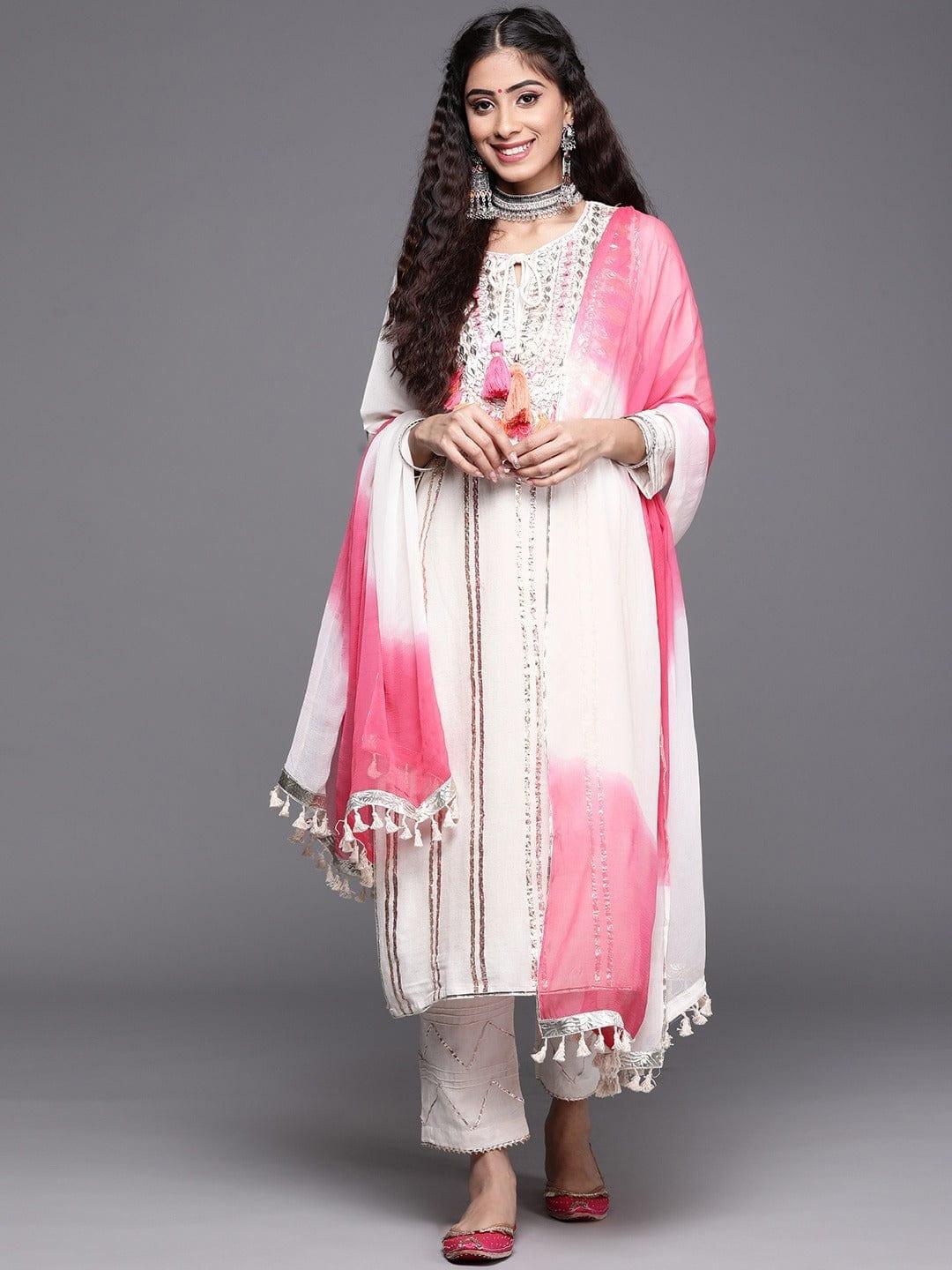 KSUT Women Off White Embroidered Empire Gotta Patti Kurta with Palazzos With Dupatta - Indiakreations