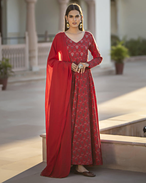 Women's Ajrakh Print Long Kurta with Dupatta - Baisacrafts - Indiakreations