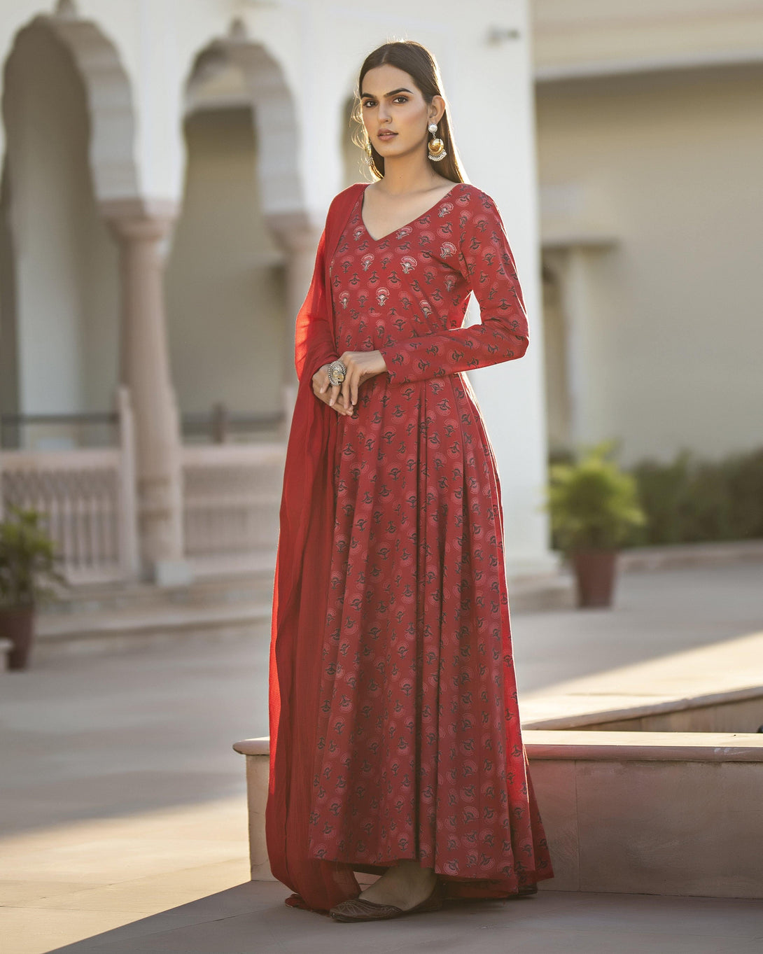 Women's Ajrakh Print Long Kurta with Dupatta - Baisacrafts - Indiakreations