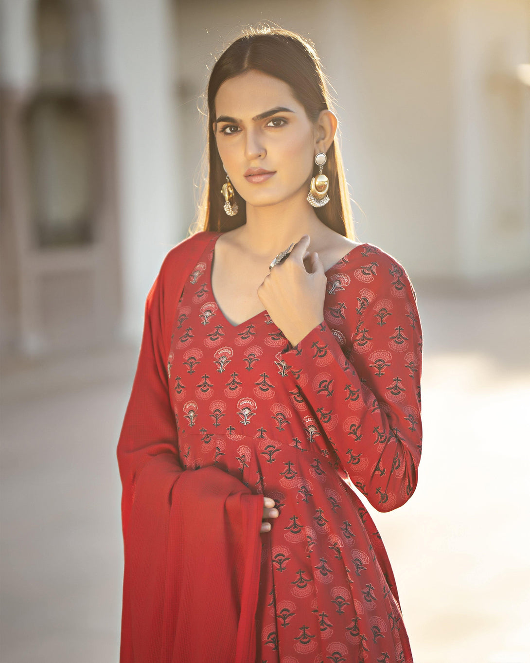 Women's Ajrakh Print Long Kurta with Dupatta - Baisacrafts - Indiakreations