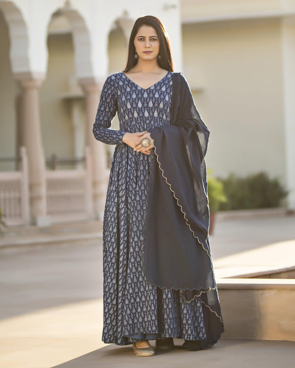 Women's Indigo Long Kurta with Dupatta - Baisacrafts - Indiakreations