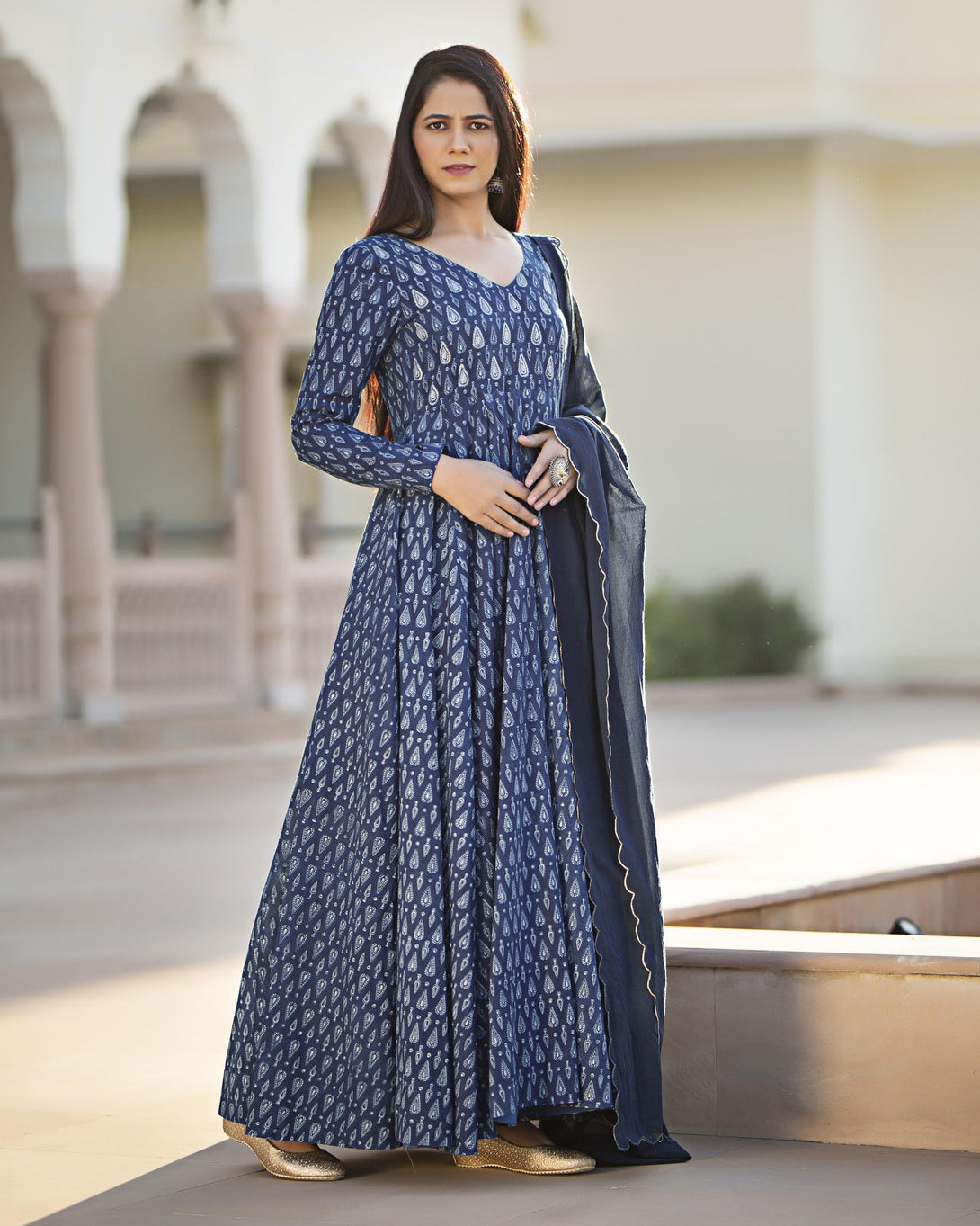 Women's Indigo Long Kurta with Dupatta - Baisacrafts - Indiakreations