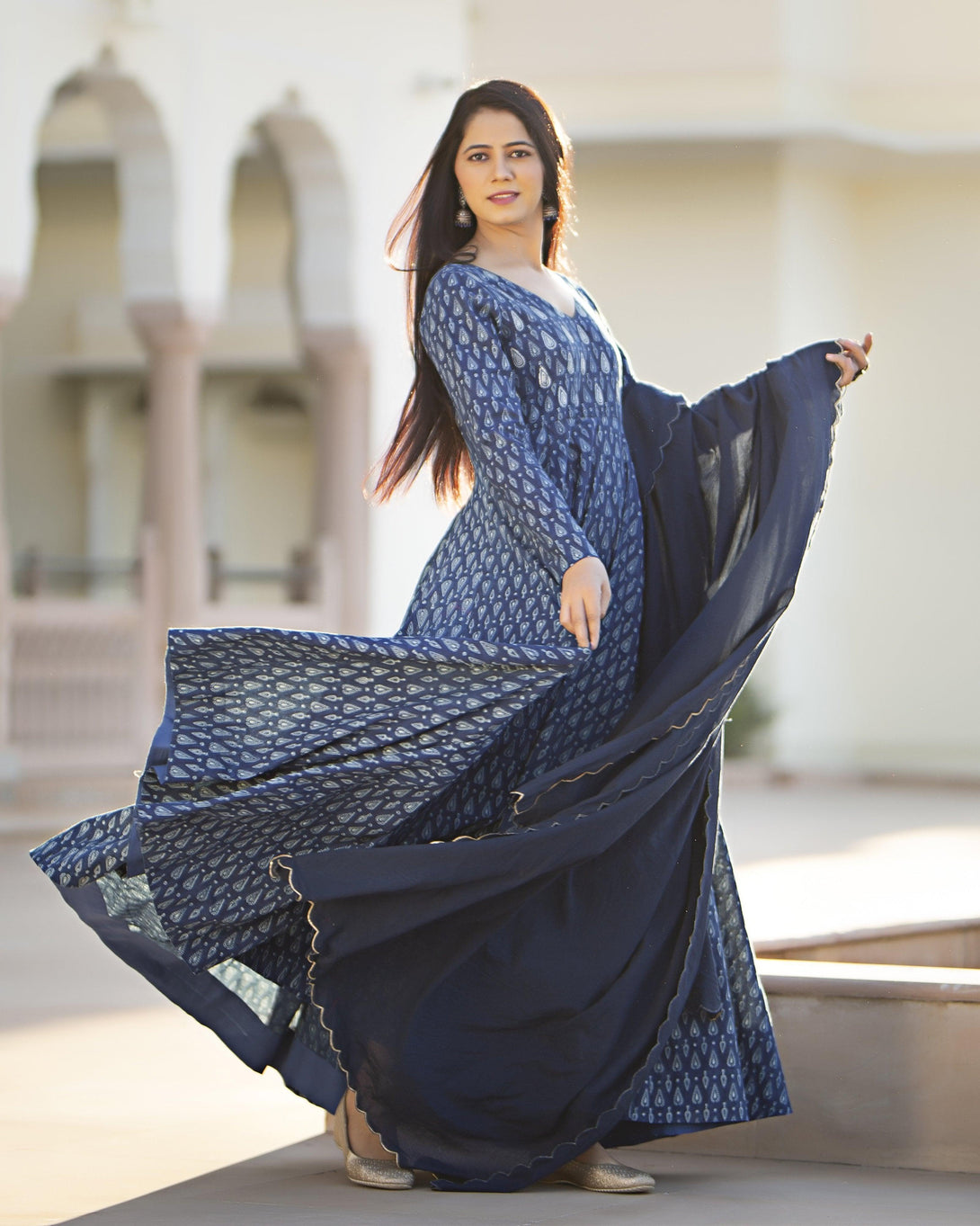 Women's Indigo Long Kurta with Dupatta - Baisacrafts - Indiakreations