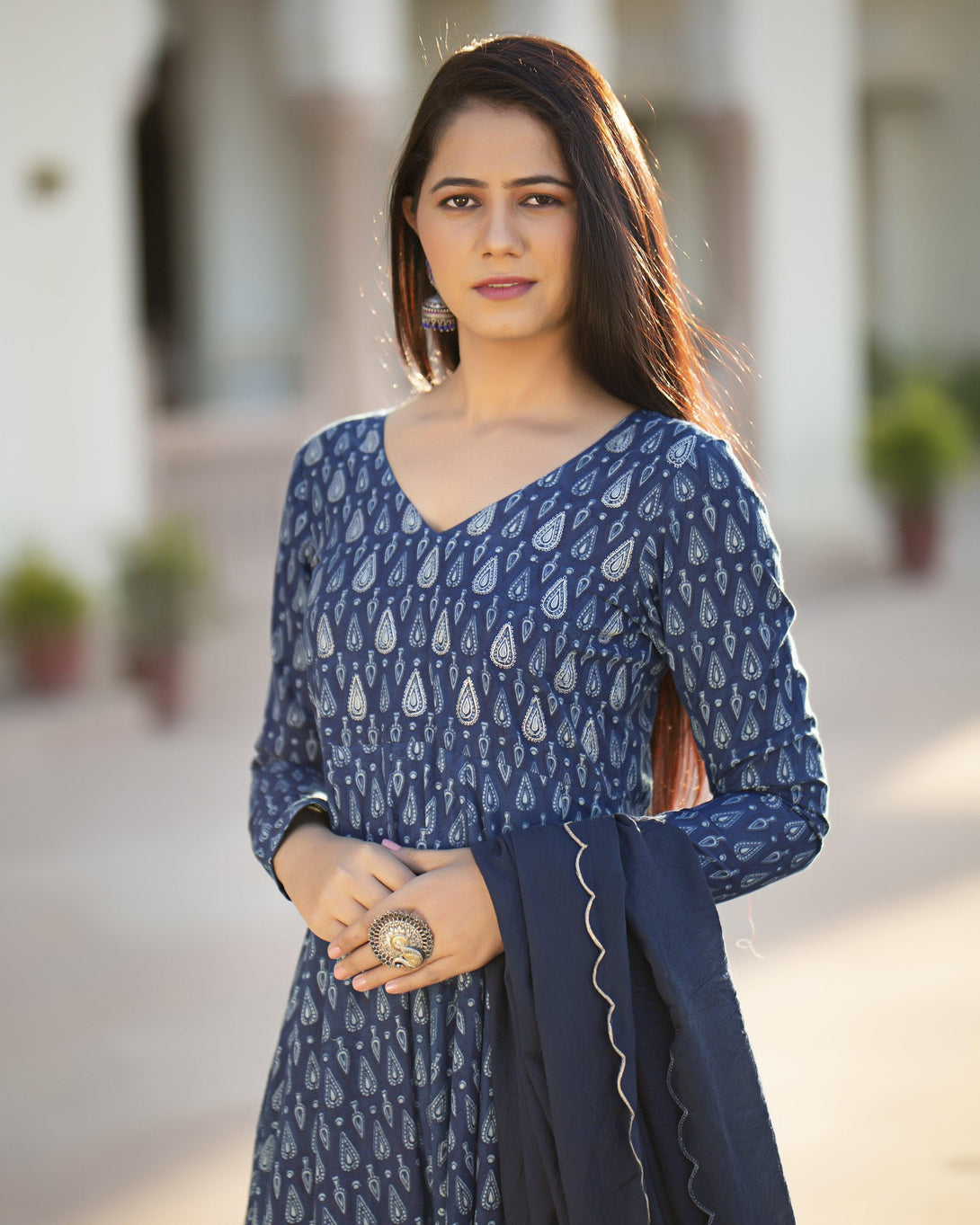 Women's Indigo Long Kurta with Dupatta - Baisacrafts - Indiakreations