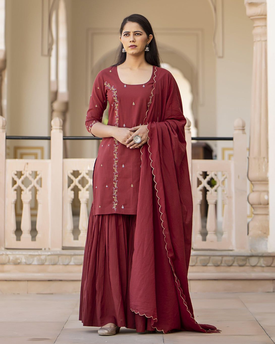 Women's Embroidery Cotton Sharara Suit Set - Baisacrafts - Indiakreations