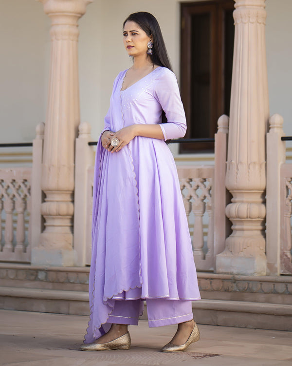 Women's Lavender Anarkali Suit set with Pants & Dupatta by Baisacrafts- (3pcs set) - Indiakreations