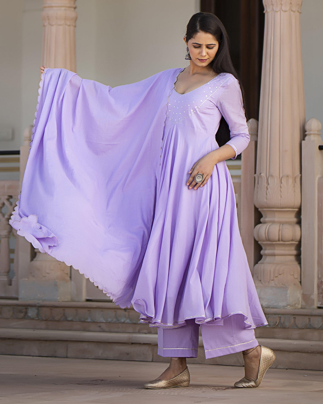 Women's Lavender Anarkali Suit set with Pants & Dupatta by Baisacrafts- (3pcs set) - Indiakreations