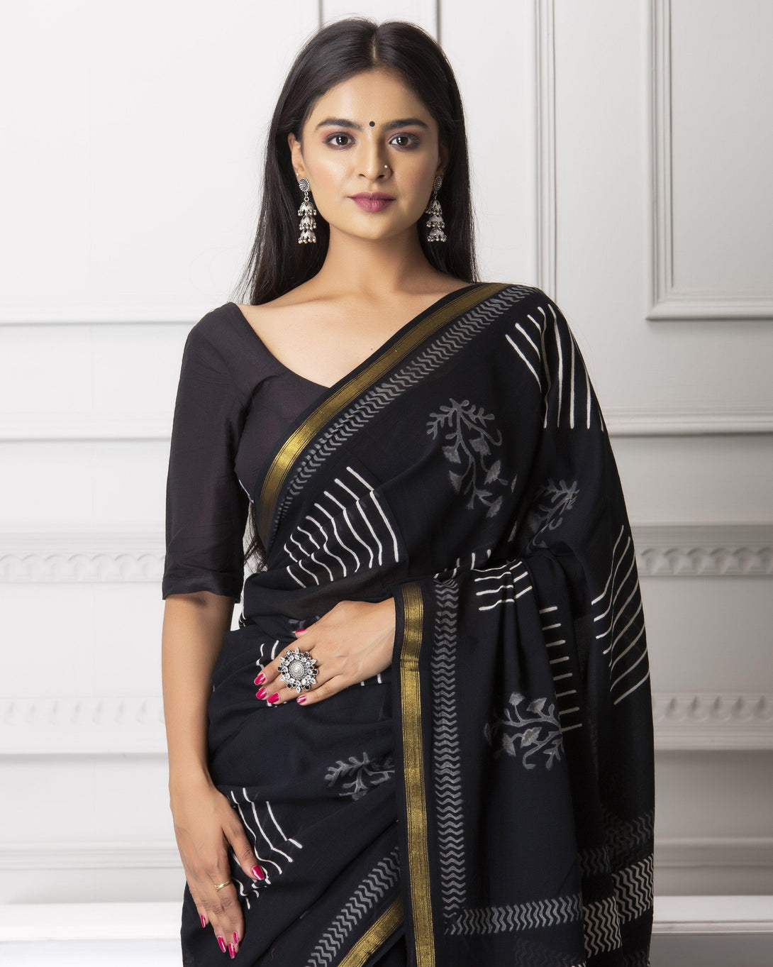 Women's Kayla Handblock Cotton Saree with Blouse - Baisacrafts - Indiakreations