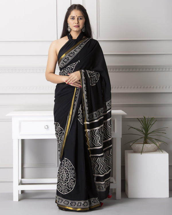 Women's Remi Handblock Cotton Saree with Blouse - Baisacrafts - Indiakreations