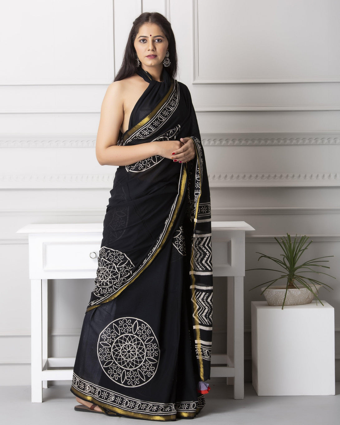 Women's Remi Handblock Cotton Saree with Blouse - Baisacrafts - Indiakreations