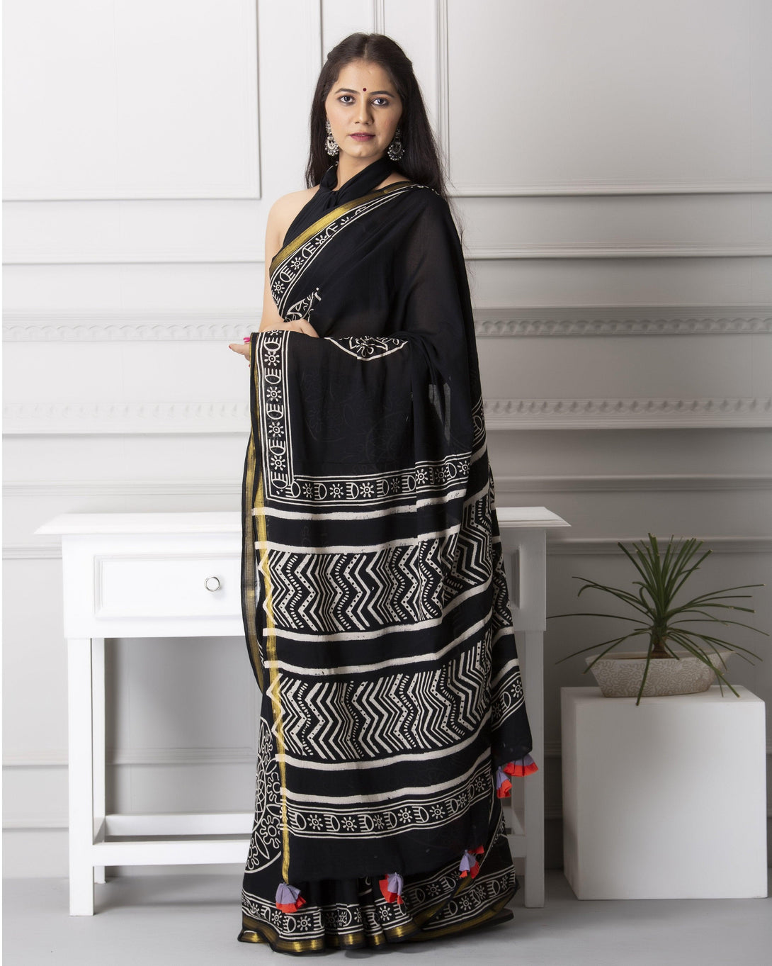 Women's Remi Handblock Cotton Saree with Blouse - Baisacrafts - Indiakreations