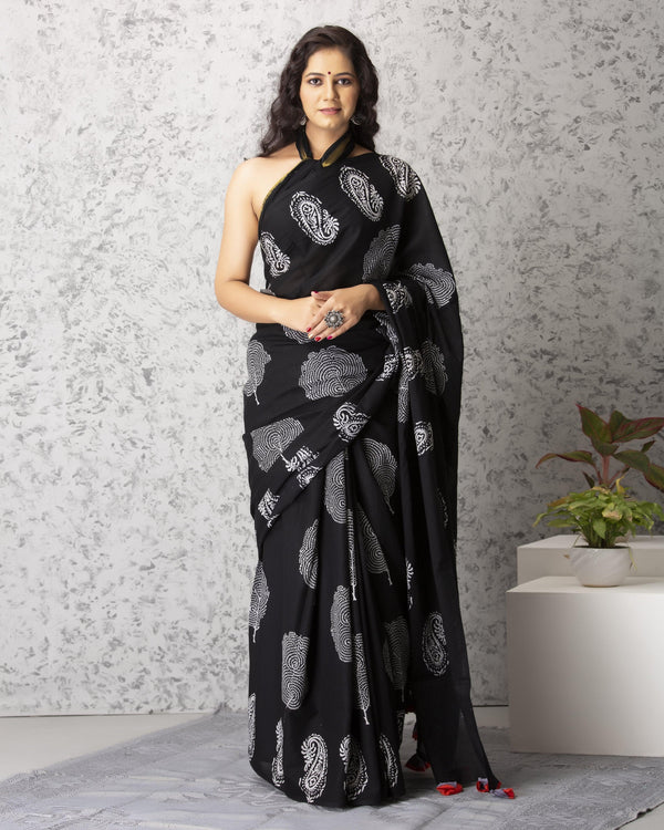 Women's Zoe Handblock Cotton Saree with Blouse - Baisacrafts - Indiakreations