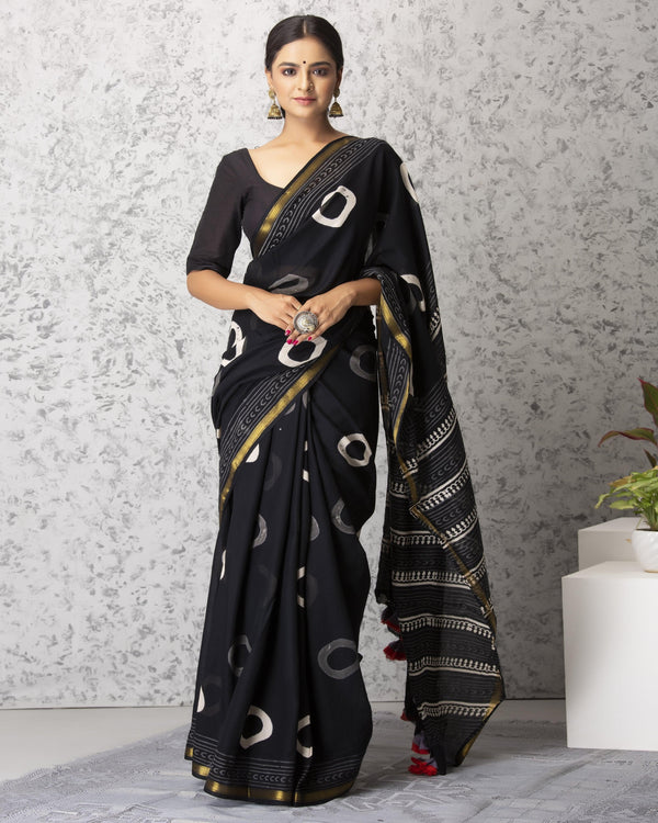 Women's Lucia Handblock Cotton Saree with Blouse - Baisacrafts - Indiakreations