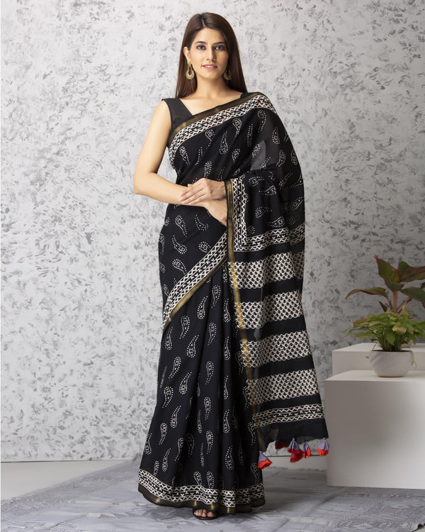 Women's Diana Handblock Cotton Saree with Blouse - Baisacrafts - Indiakreations