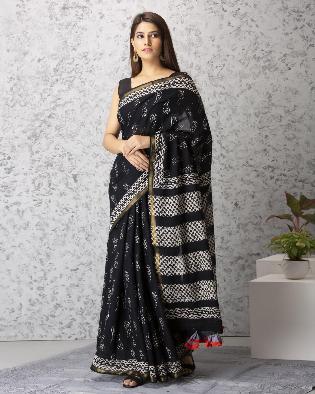 Women's Diana Handblock Cotton Saree with Blouse - Baisacrafts - Indiakreations