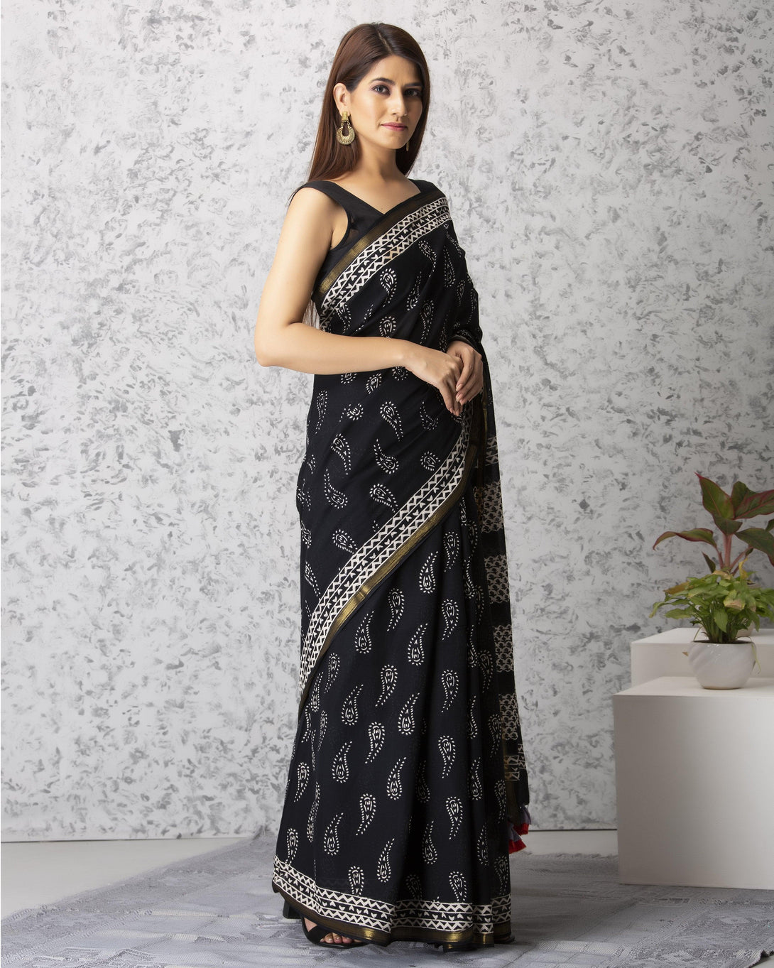 Women's Diana Handblock Cotton Saree with Blouse - Baisacrafts - Indiakreations