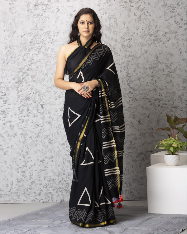 Women's Elliana Handblock Cotton Saree with Blouse - Baisacrafts - Indiakreations