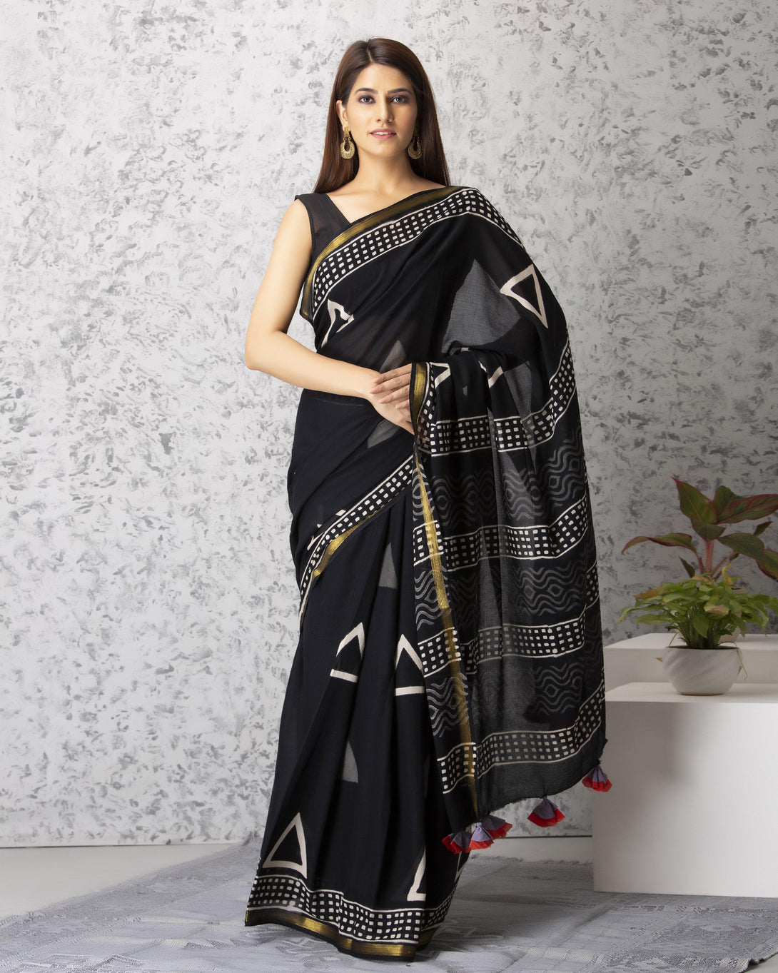 Women's Cecilia Handblock Cotton Saree with Blouse - Baisacrafts - Indiakreations