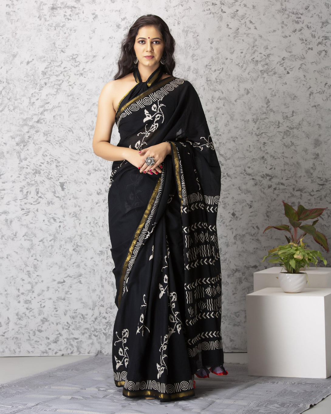 Women's Molly Handblock Cotton Saree with Blouse - Baisacrafts - Indiakreations