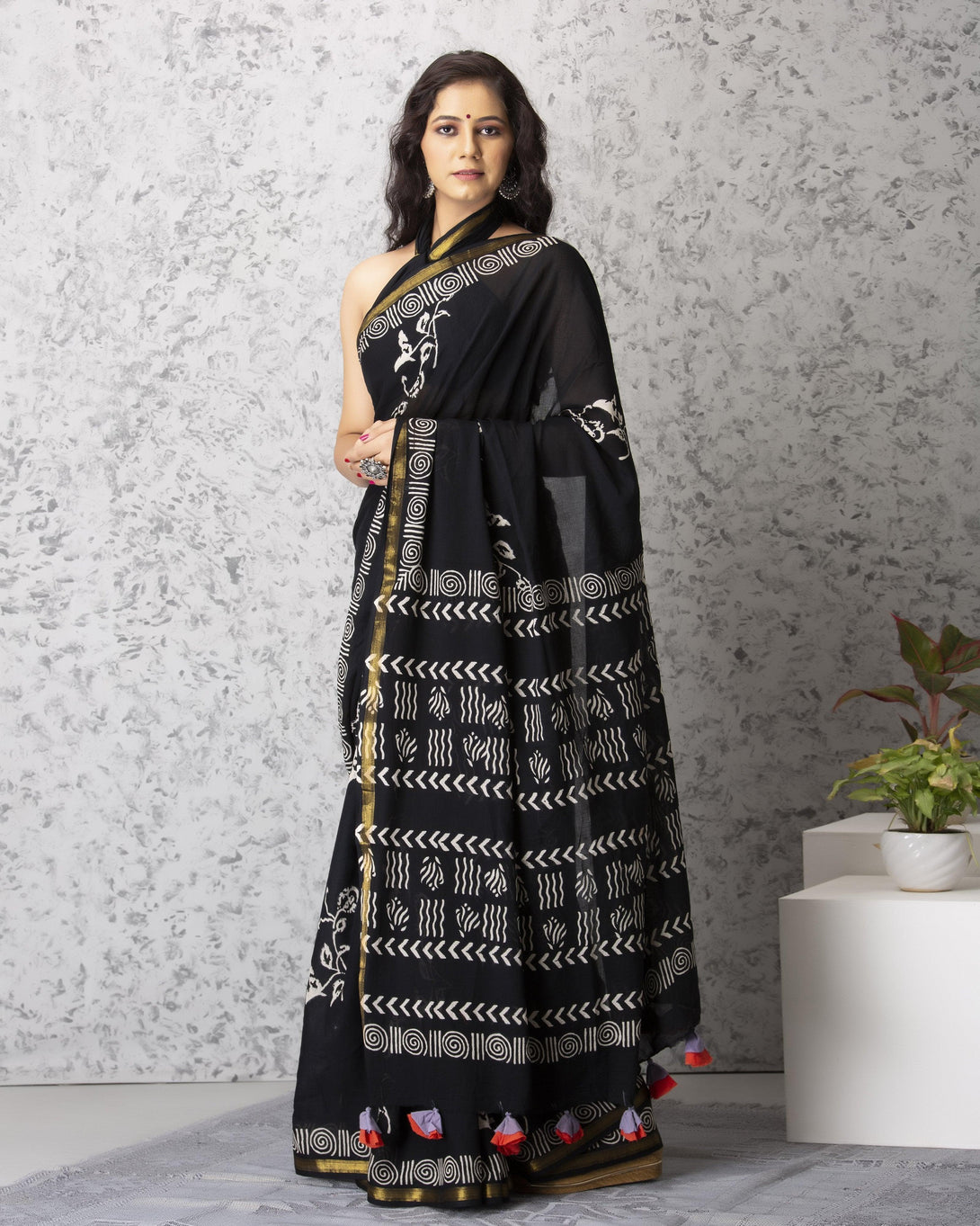 Women's Molly Handblock Cotton Saree with Blouse - Baisacrafts - Indiakreations