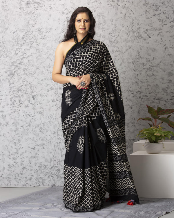 Women's Eliza Handblock Cotton Saree with Blouse - Baisacrafts - Indiakreations