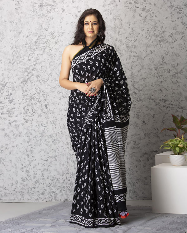 Women's Aria Handblock Cotton Saree with Blouse - Baisacrafts - Indiakreations