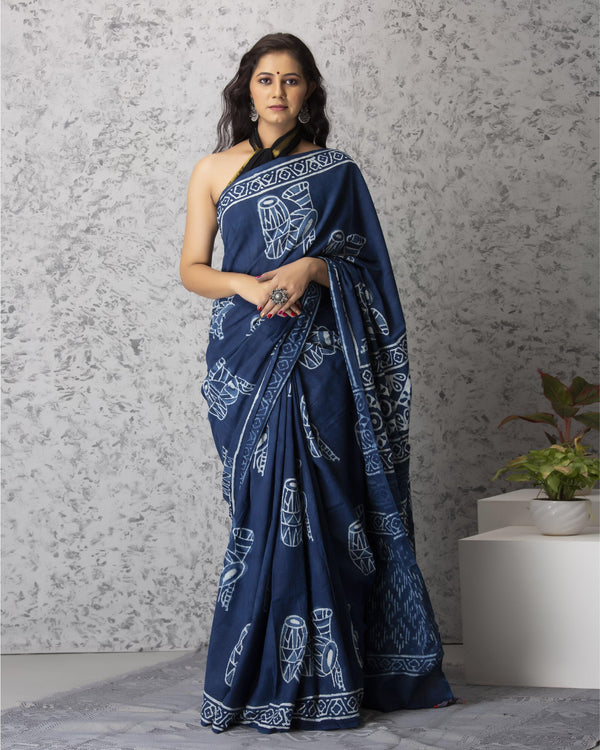 Women's Ellie Handblock Cotton Saree with Blouse - Baisacrafts - Indiakreations