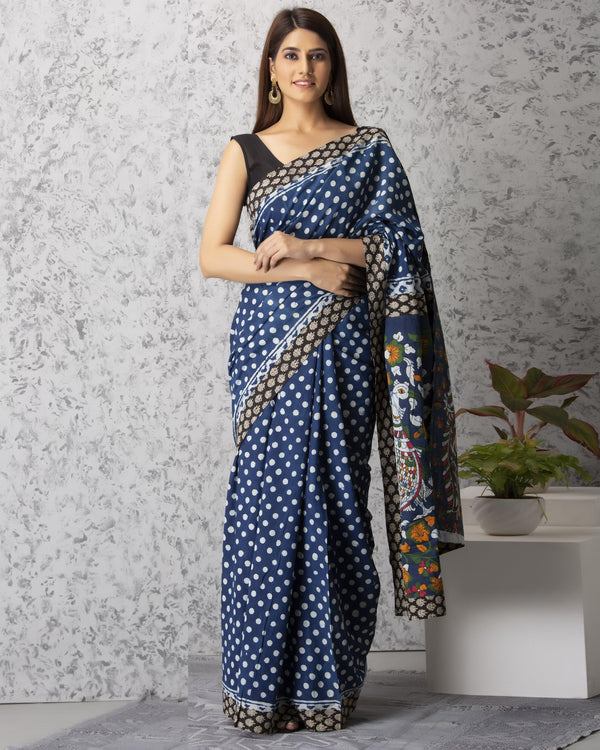 Women's Lucy Handblock Cotton Saree with Blouse - Baisacrafts - Indiakreations