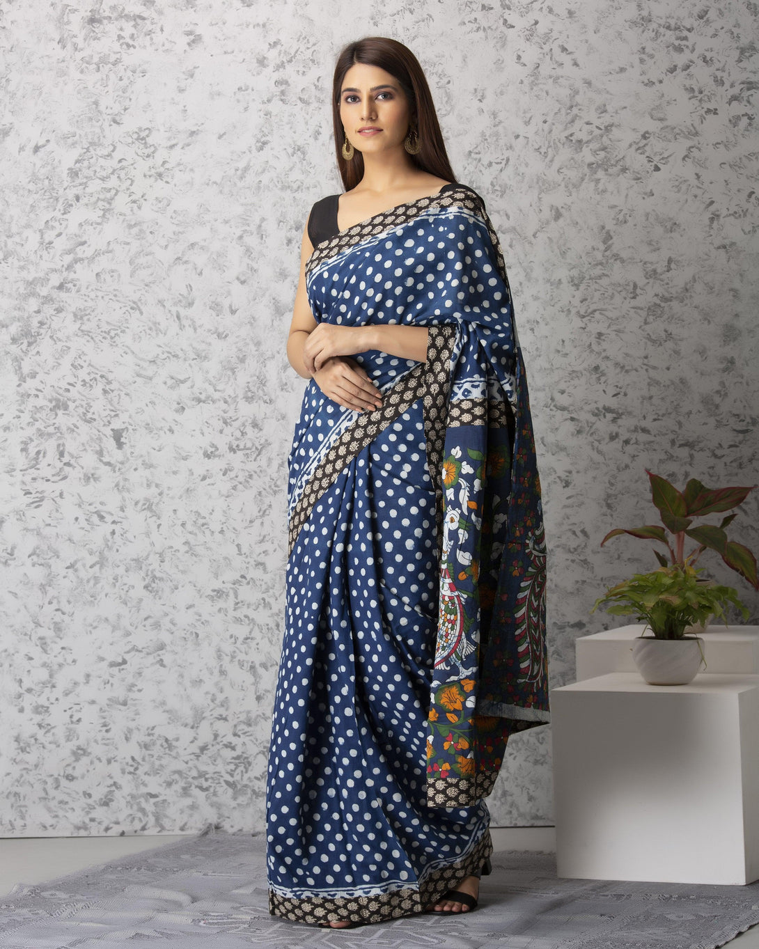 Women's Lucy Handblock Cotton Saree with Blouse - Baisacrafts - Indiakreations