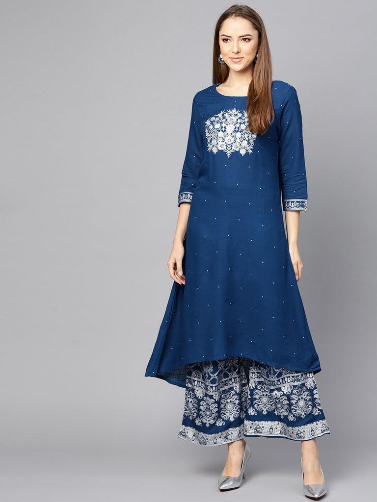 Women's Blue Viscose Rayon Printed Kurta Palazzo Set - Ishin - Indiakreations