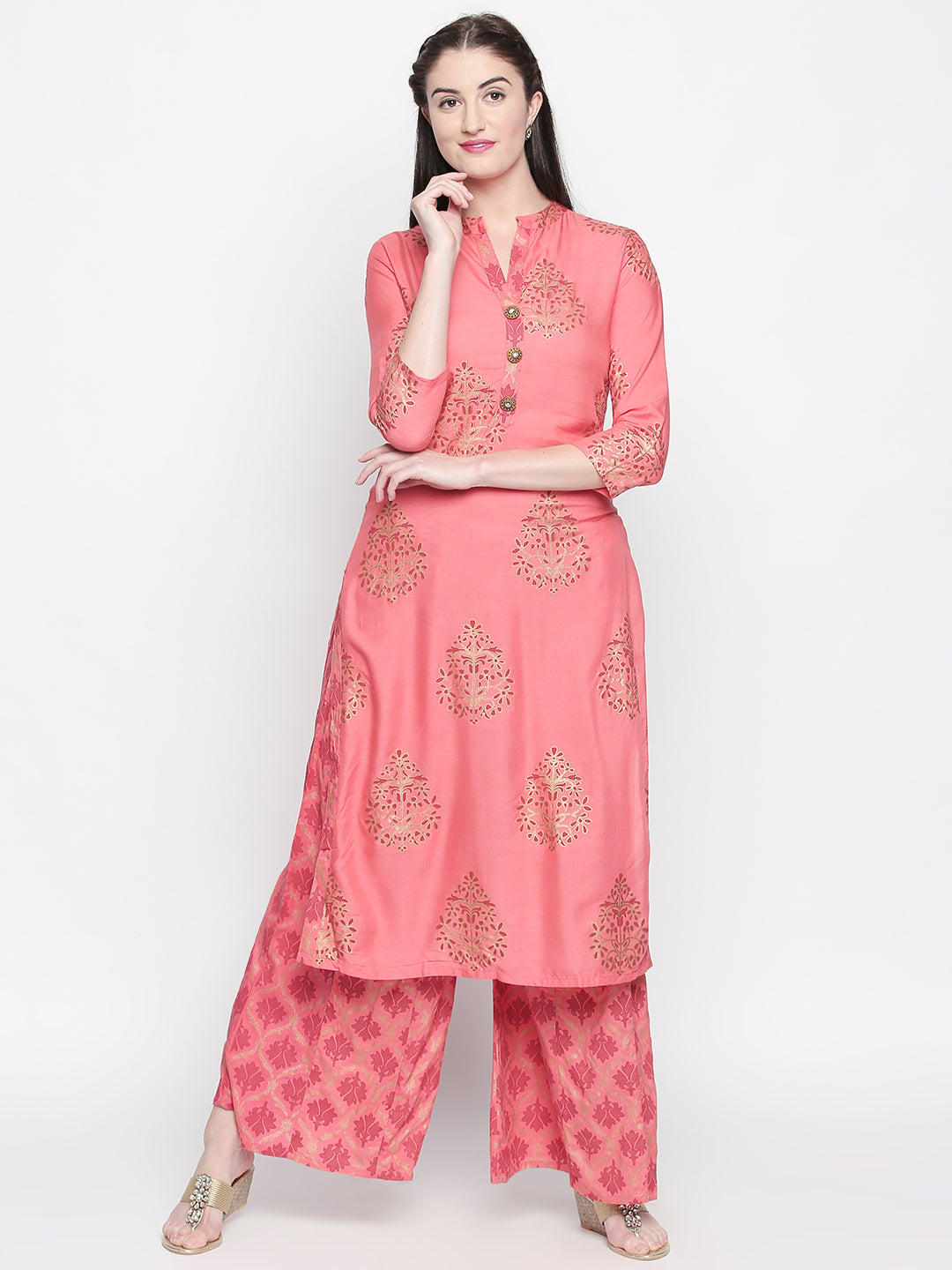 Women's Pink Rayon Kurta With Palazzos by Ishin (2pcs Set)