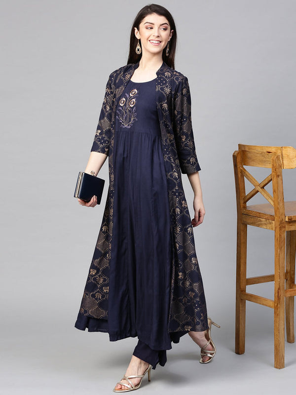 Women's Rayon Blue Embroidered Anarkali Kurta With Jacket - Ishin