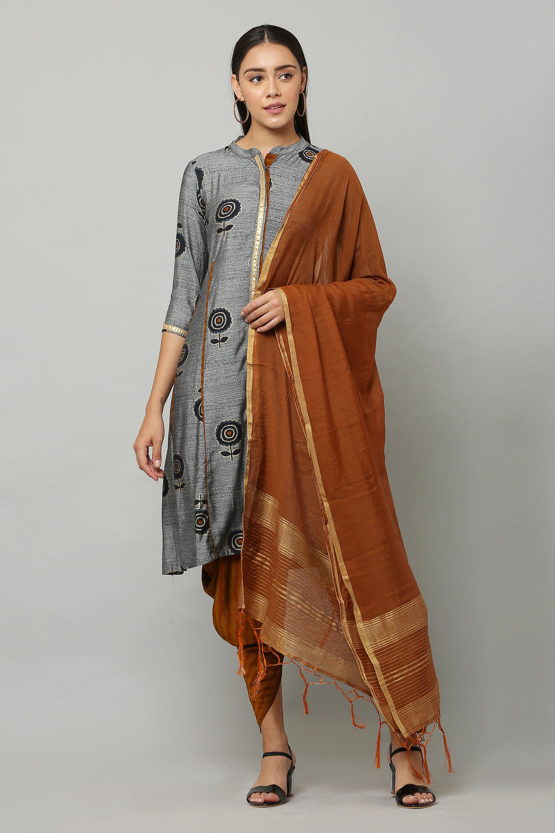 Women's Mustard Color Cotton Blend Straight Printed Kurta Dhoti Pant With Dupatta - Vaaba