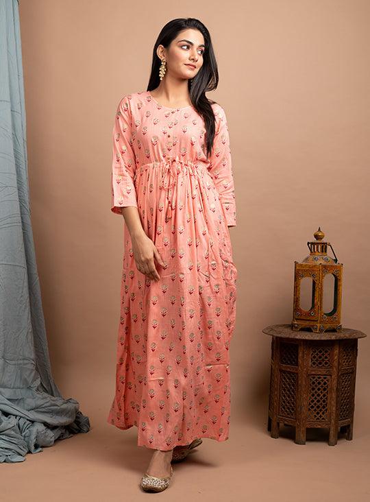 Rose Pink Floral Printed Ethnic Gown - Indiakreations