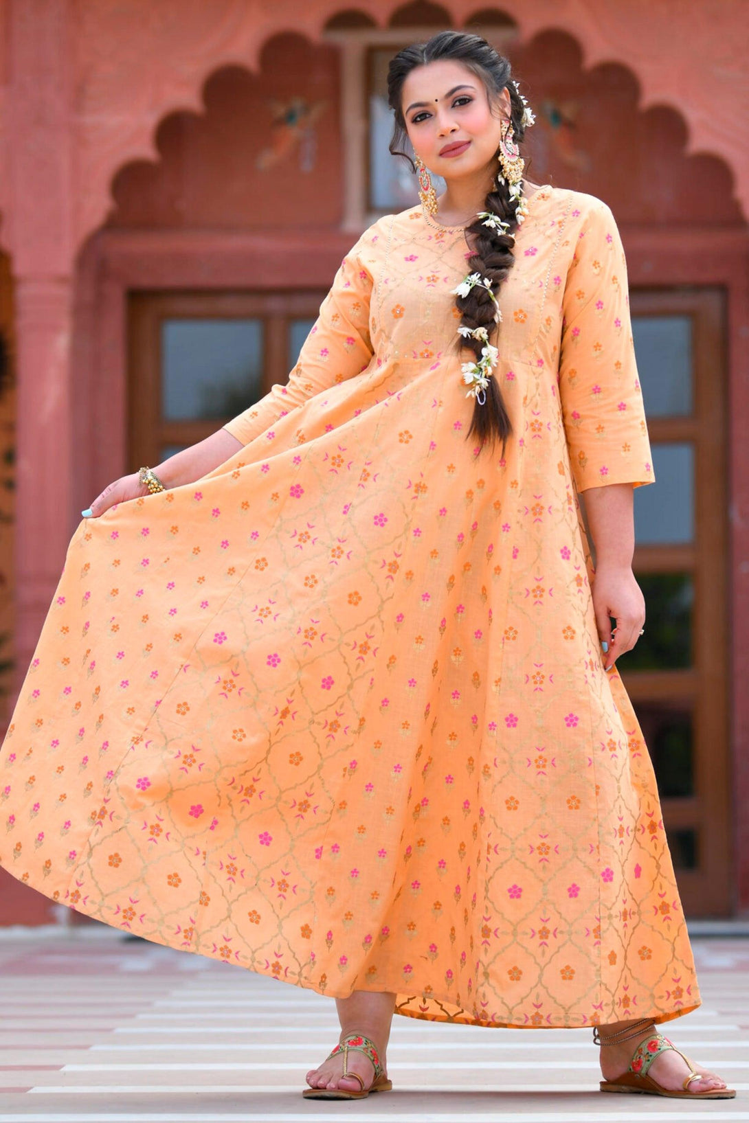 Peach Floral Gold Printed Long Ethnic Gown - Indiakreations