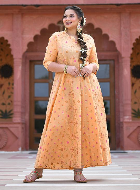 Peach Floral Gold Printed Long Ethnic Gown - Indiakreations