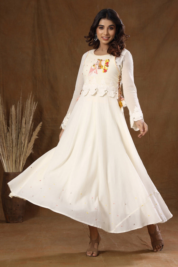 Women's Off White Thread Embroidery Kurta - KAAJH