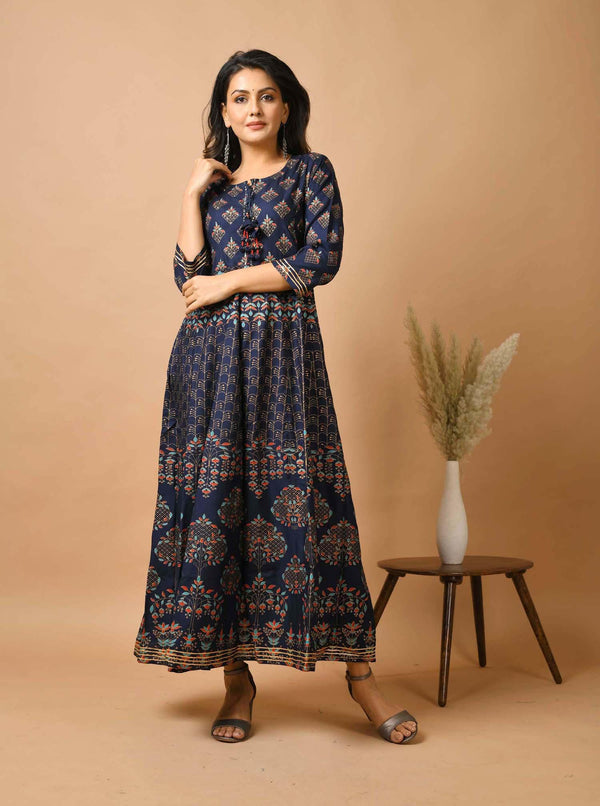 Blue Gold Printed Anarkali Ethnic Gown - Indiakreations