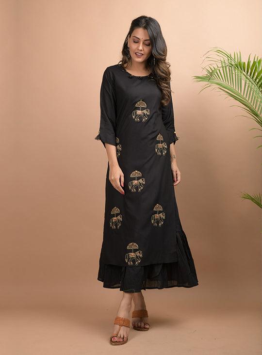 Black Embellished Cotton Kurta - Indiakreations