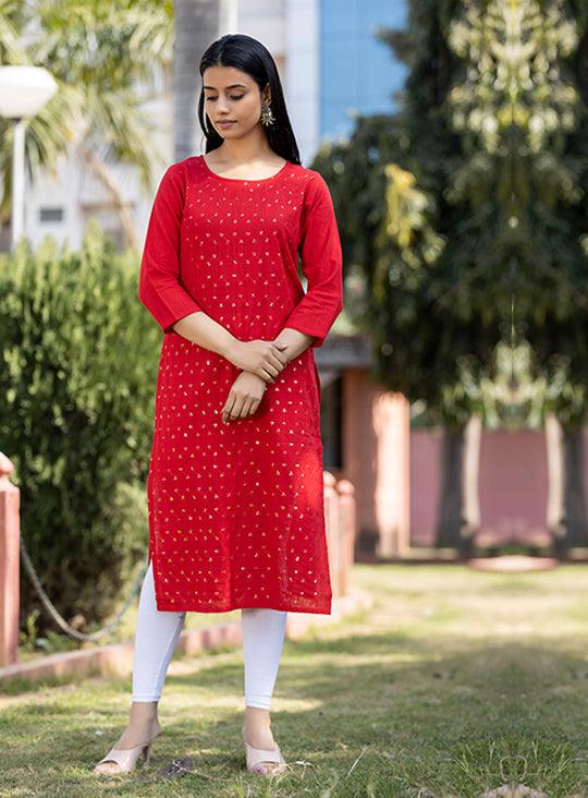 Red Solid Sequins Embellished Cotton Casual Kurta - Indiakreations